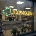 Неоновая вывеска «ЗООМАГАЗИН» с собакой и жёлто-зелёной подсветкой