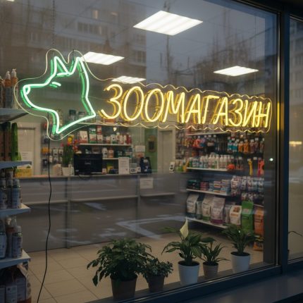 Неоновая вывеска «ЗООМАГАЗИН» с собакой и жёлто-зелёной подсветкой