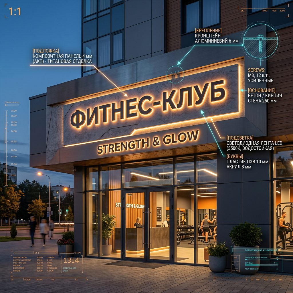 Интерьерная вывеска для фитнес-клуба в ТЦ с контражурной подсветкой