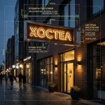 Интерьерная вывеска для хостела в ТЦ с контражурной подсветкой