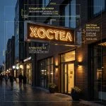 Интерьерная вывеска для хостела в ТЦ с контражурной подсветкой