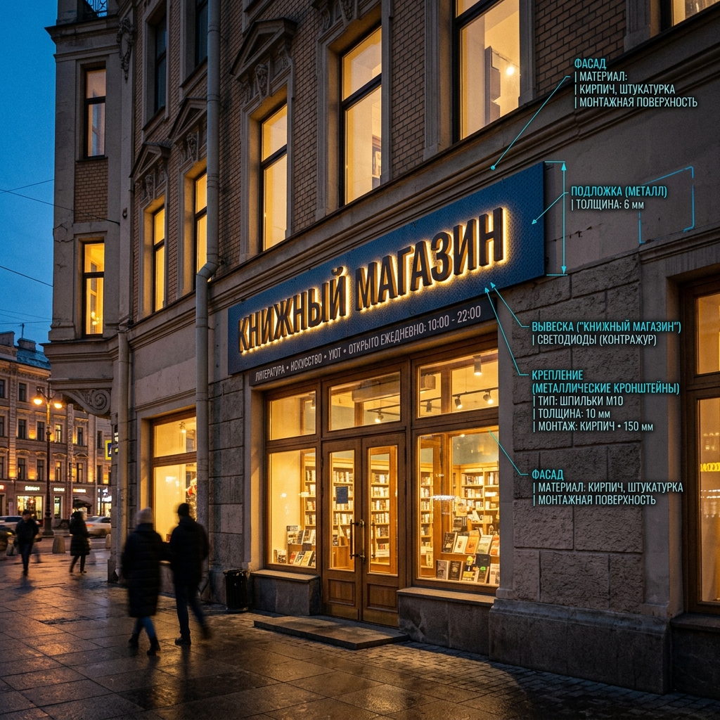 Интерьерная вывеска для книжного магазина в ТЦ с контражурной подсветкой