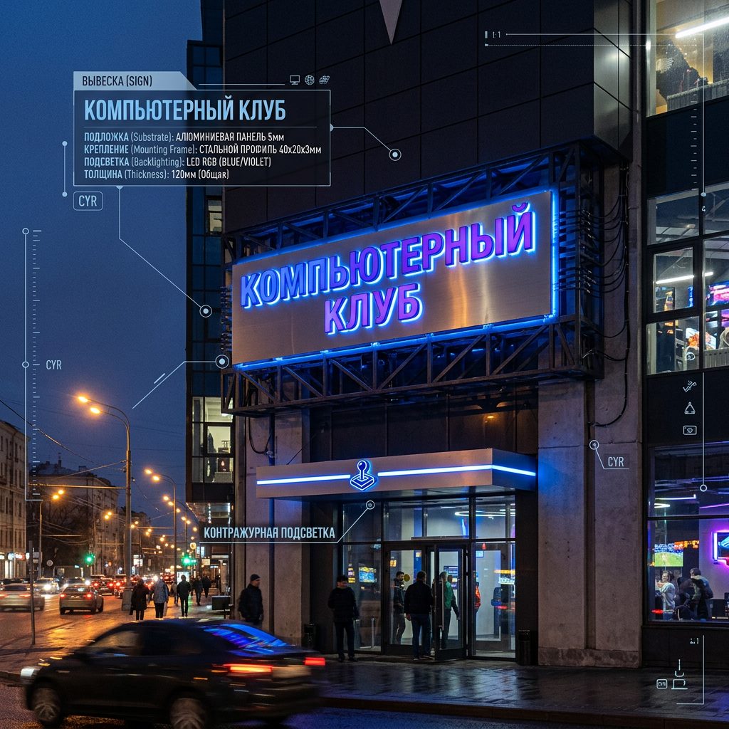 Интерьерная вывеска для компьютерного клуба в ТЦ с контражурной подсветкой