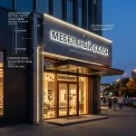 Интерьерная вывеска для мебельного салона в ТЦ с контражурной подсветкой