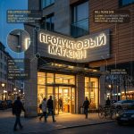 Интерьерная вывеска для продуктового магазина в ТЦ с контражурной подсветкой