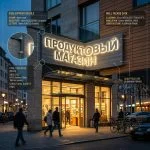 Интерьерная вывеска для продуктового магазина в ТЦ с контражурной подсветкой