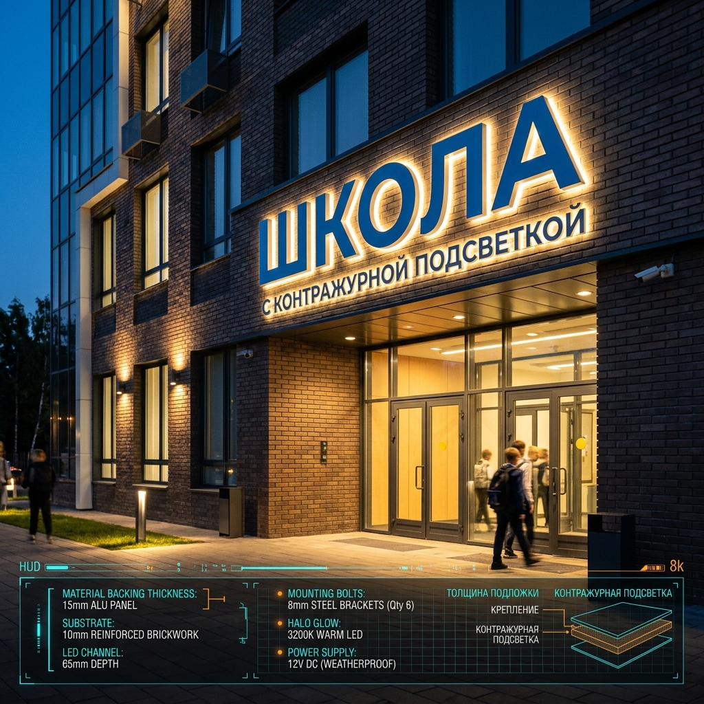 Интерьерная вывеска для школы в ТЦ с контражурной подсветкой