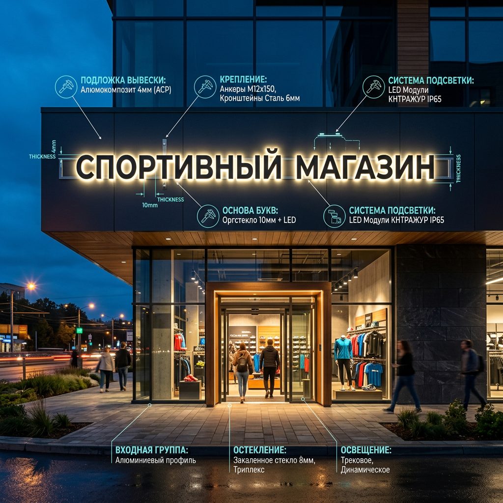 Интерьерная вывеска для спортивного магазина в ТЦ с контражурной подсветкой
