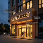 Интерьерная вывеска для супермаркета в ТЦ с контражурной подсветкой