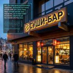 Интерьерная вывеска для суши-бара в ТЦ с контражурной подсветкой