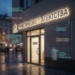 Интерьерная вывеска для туристического агентства в ТЦ с контражурной подсветкой