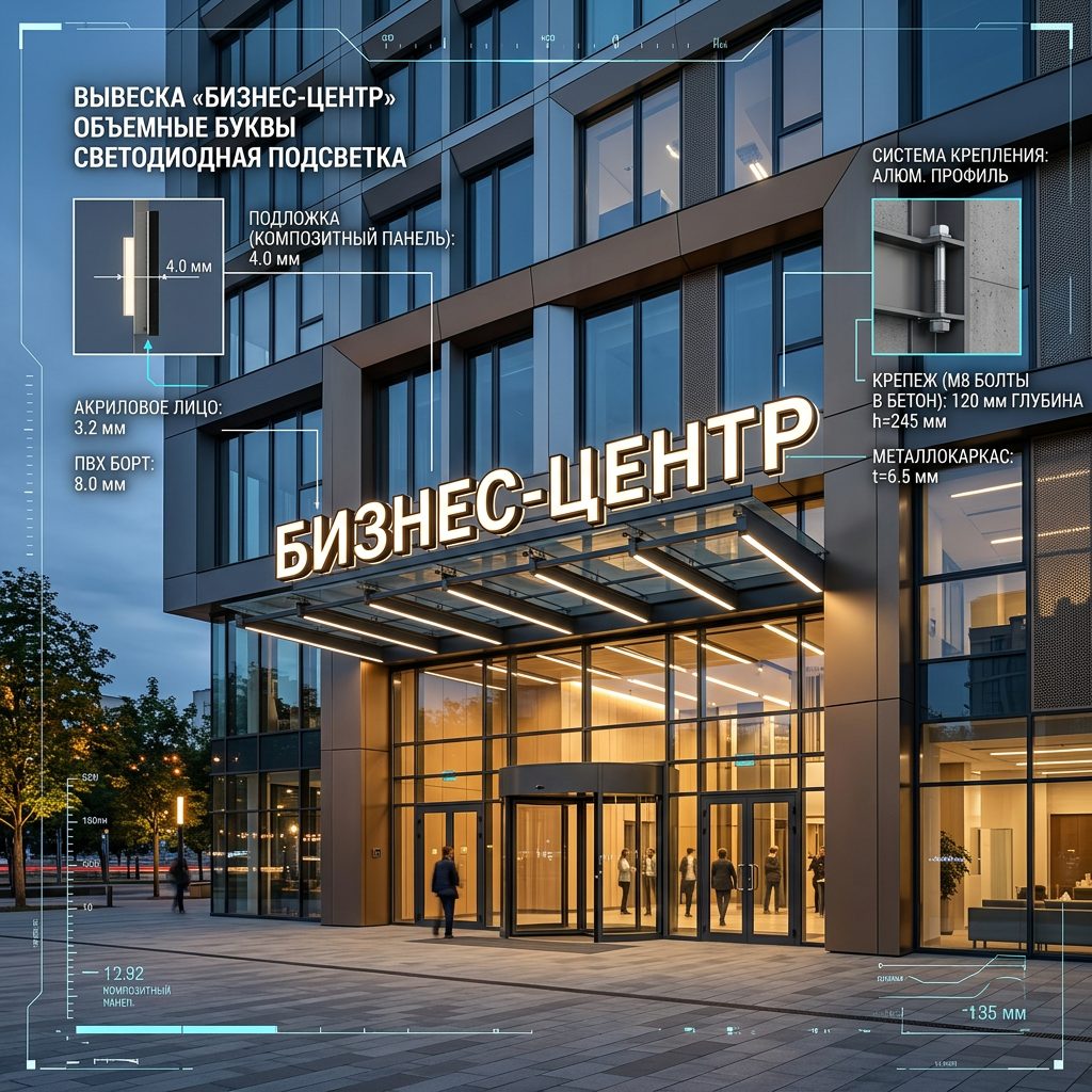 Вывеска «Бизнес-центр» — Объемные световые буквы