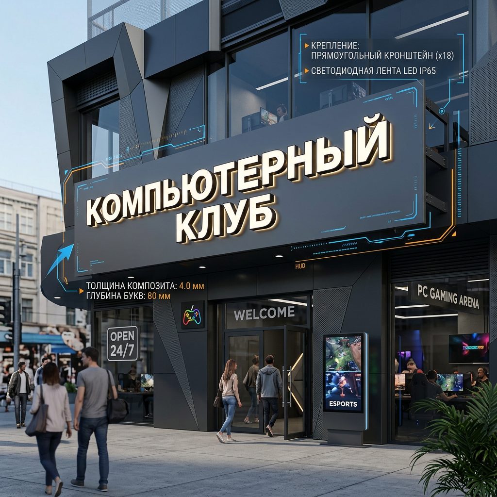 Вывеска для компьютерного клуба на композитной подложке