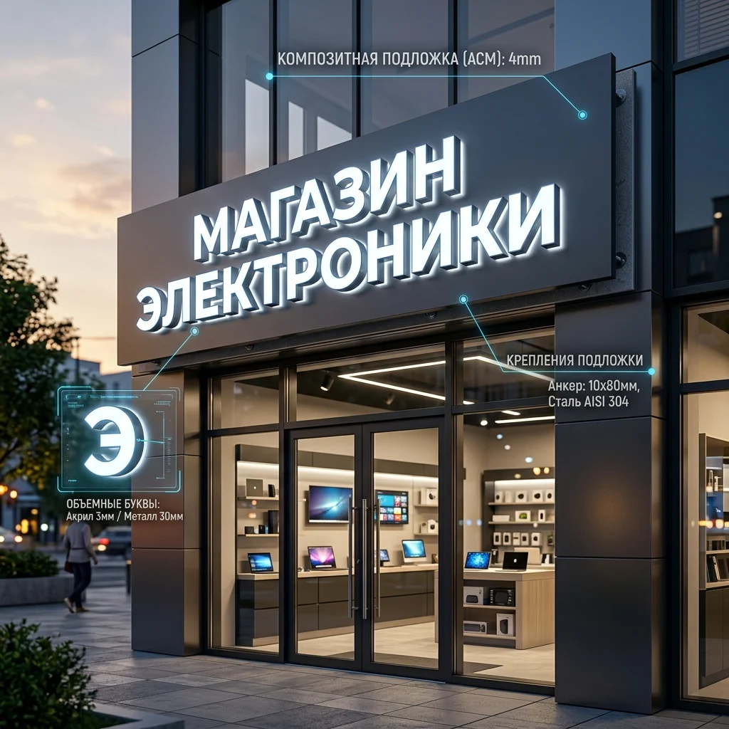 Вывеска для магазина электроники на композитной подложке Вывеска для магазина электроники на композитной подложке — изображение 1