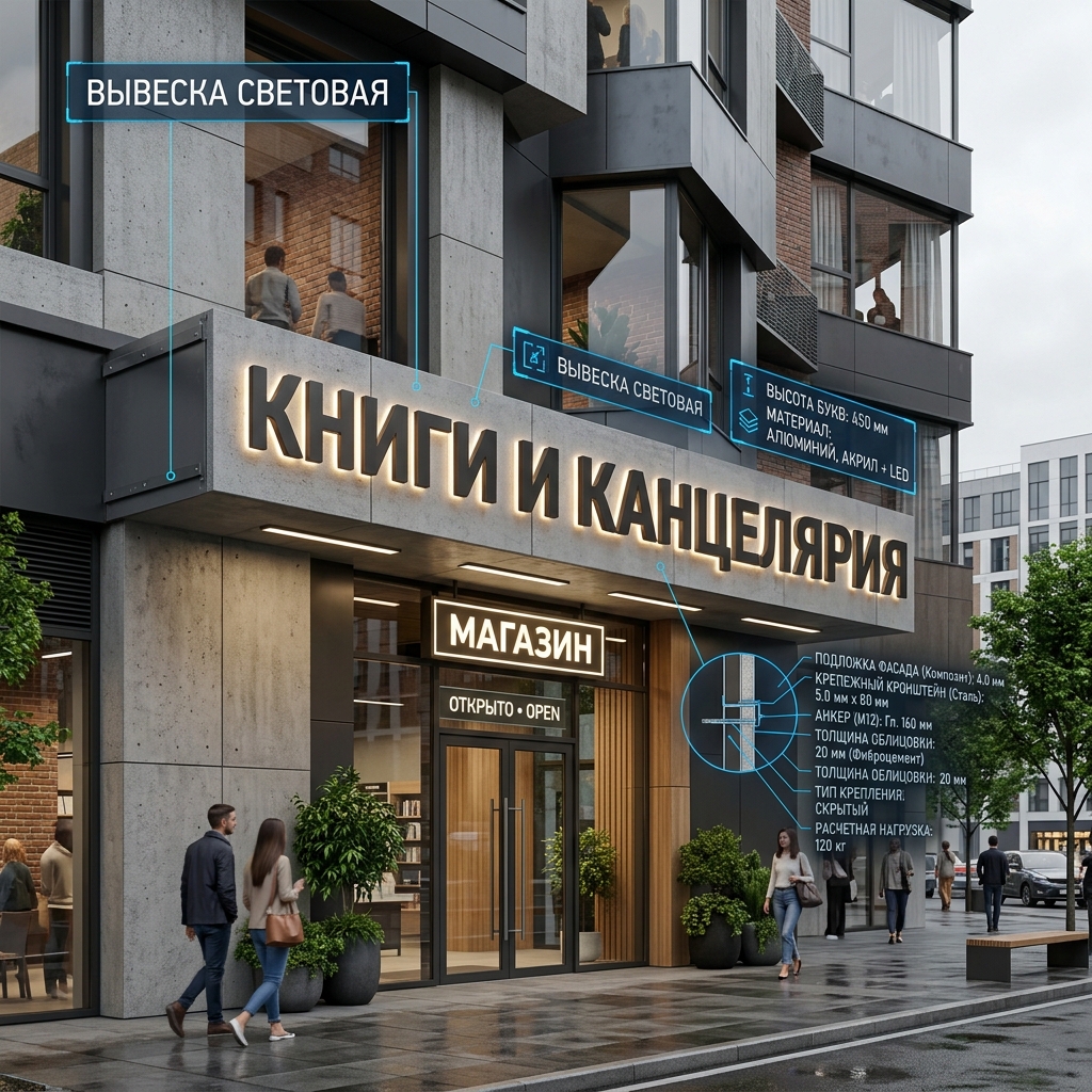 Вывеска «Книги и канцелярия» — Объемные световые буквы