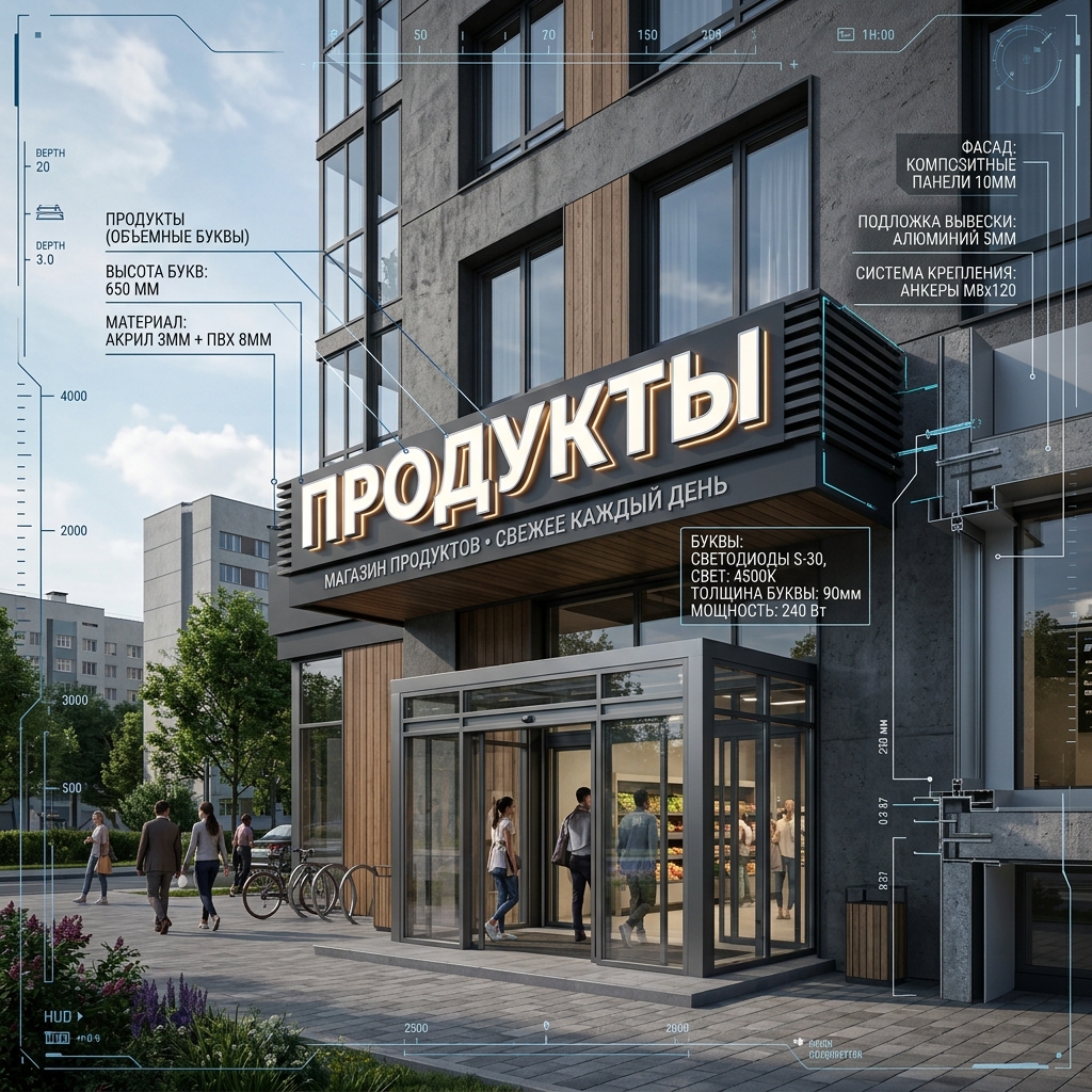 Вывеска «Продукты» — Объемные световые буквы