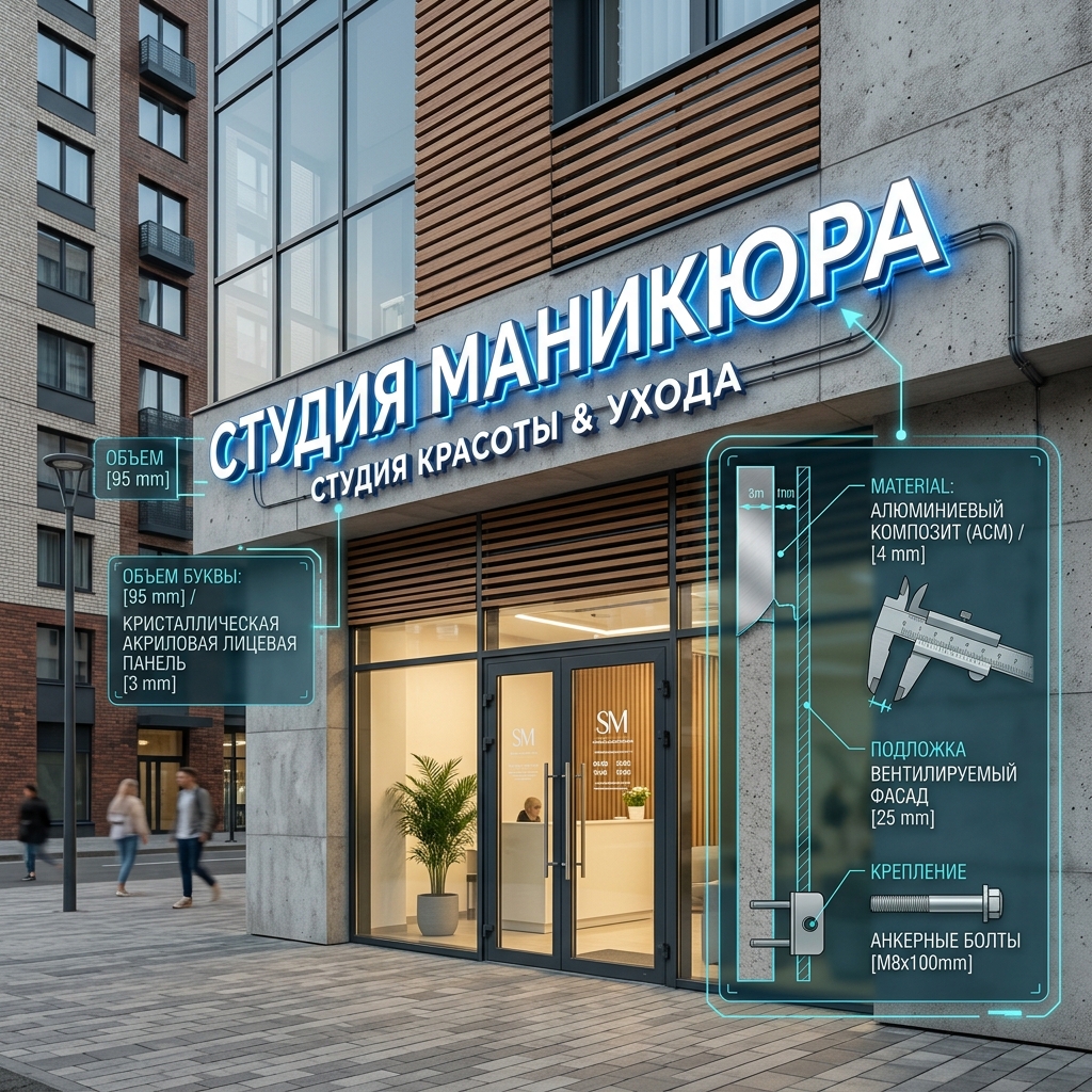 Вывеска «Студия маникюра» — Объемные световые буквы