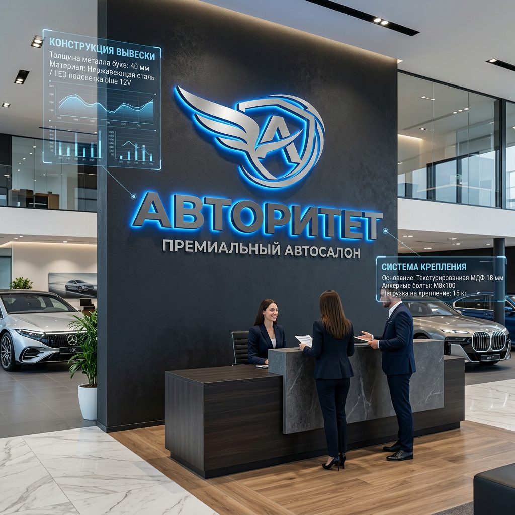 Интерьерная вывеска для автосалона с подсветкой