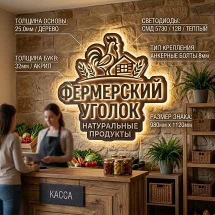 Интерьерная вывеска для фермерской лавки с подсветкой