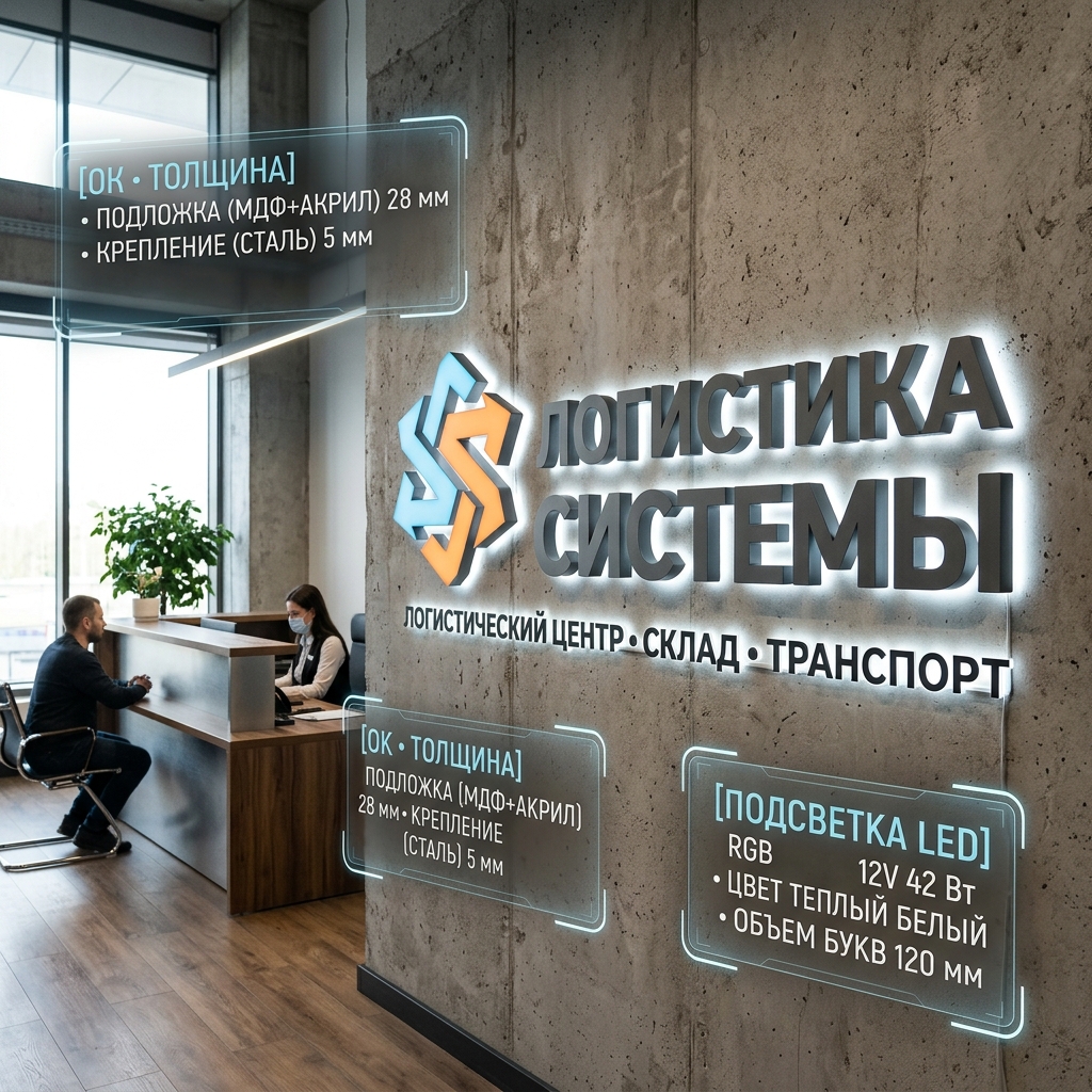 Интерьерная вывеска для логистического терминала с подсветкой