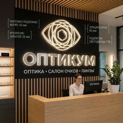 Интерьерная вывеска для магазина оптики с подсветкой