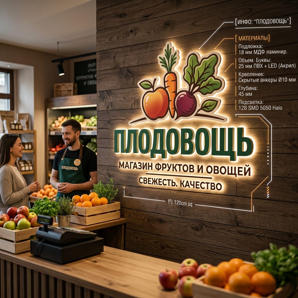 Интерьерная вывеска для магазина овощей и фруктов с подсветкой