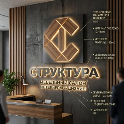 Интерьерная вывеска для мебельного салона с подсветкой
