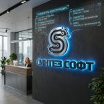 Интерьерная вывеска для офиса IT-компании с подсветкой