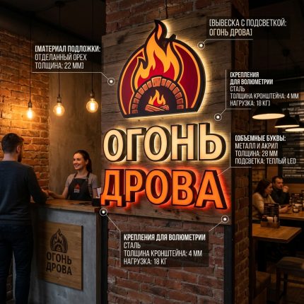 Интерьерная вывеска для пиццерии с подсветкой