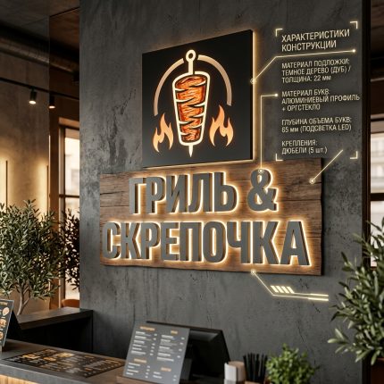 Интерьерная вывеска для шаурмы и донерной с подсветкой