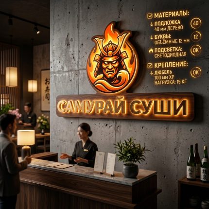 Интерьерная вывеска для суши-бара с подсветкой