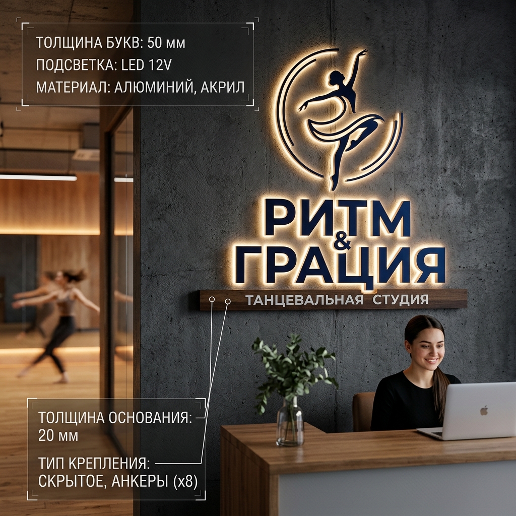 Интерьерная вывеска для танцевальной студии с подсветкой