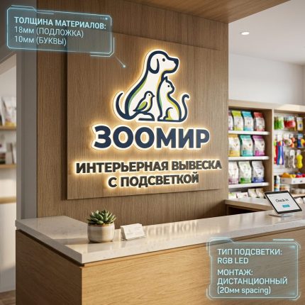 Интерьерная вывеска для зоомагазина с подсветкой
