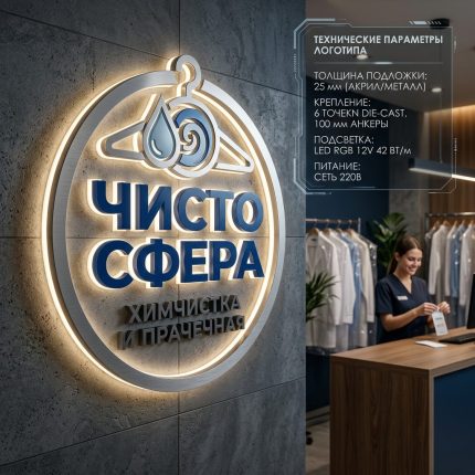 Объемный логотип вывеска для химчистки и прачечной с подсветкой