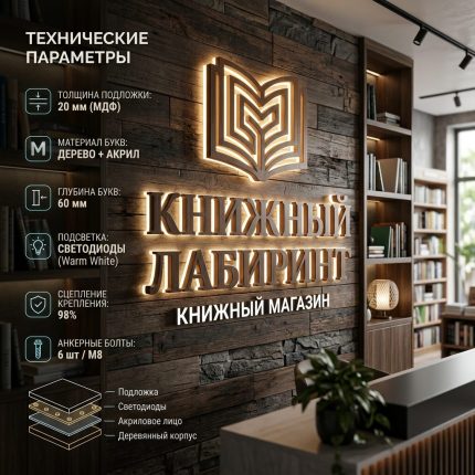 Объемный логотип вывеска для книжного магазина с подсветкой