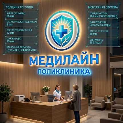 Объемный логотип вывеска для поликлиники с подсветкой