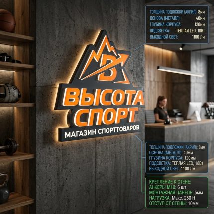 Объемный логотип вывеска для спортивного магазина с подсветкой