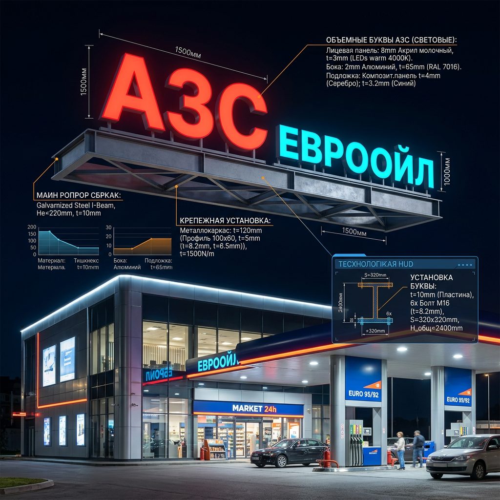 Световая крышная установка (вывеска) для АЗС (заправочной станции)