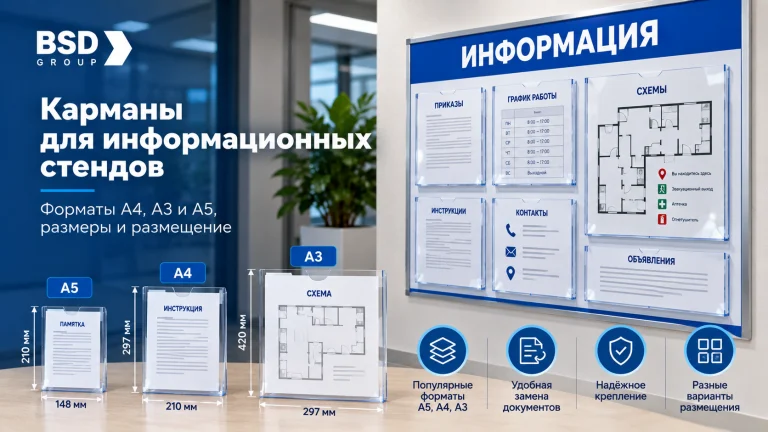Карманы для информационных стендов: форматы А4, А3 и А5, размеры и размещение