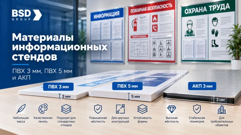 Материалы информационных стендов: ПВХ 3 мм, ПВХ 5 мм и АКП