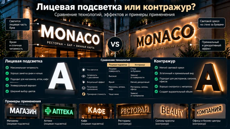 Лицевая подсветка или контражур: что выбрать для объемных букв
