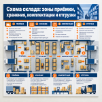 Стенд «Схема склада: зоны приёмки, хранения, комплектации и отгрузки»