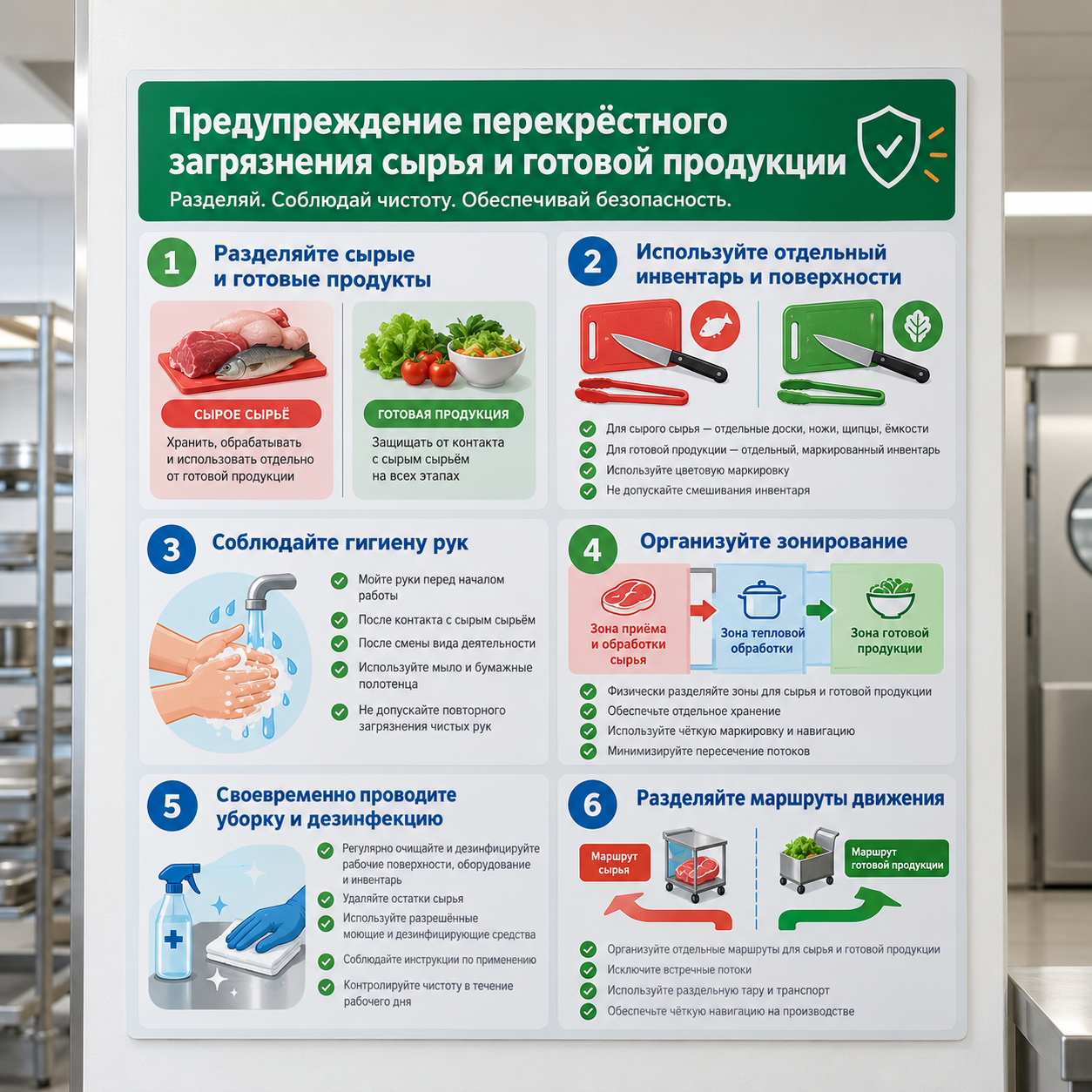 Стенды для общепита и пищевых производств 6 Стенд «Предупреждение перекрёстного загрязнения сырья и готовой продукции» — изображение 1