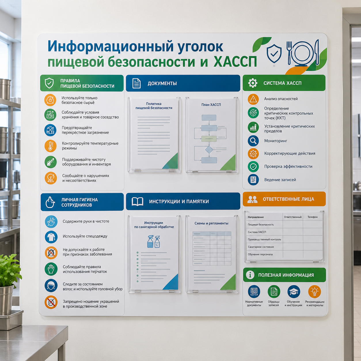 Стенды для общепита и пищевых производств Информационный уголок пищевой безопасности и ХАССП с карманами — изображение 1