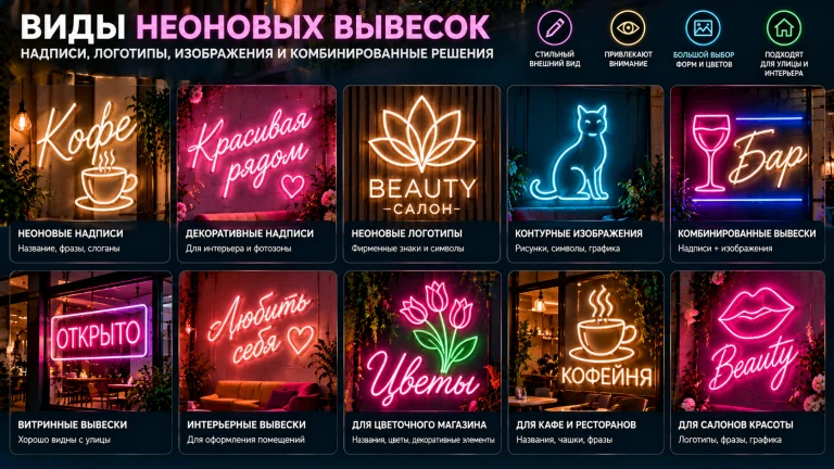 Виды неоновых вывесок из LED-неона: надписи, логотипы и изображения